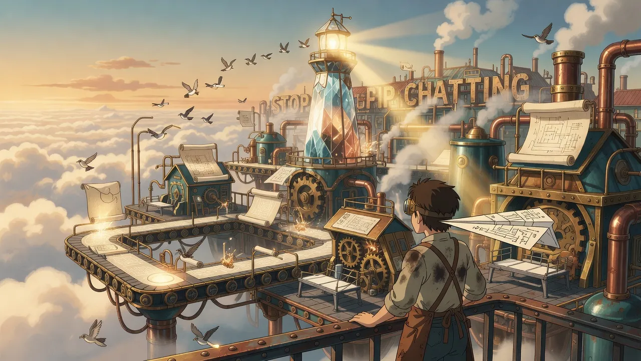 Stop Chatting. Start Delegating — Ghibli-style floating assembly line workshop with crystalline control tower cover image for artwhisper.cc blog note about multi-agent AI