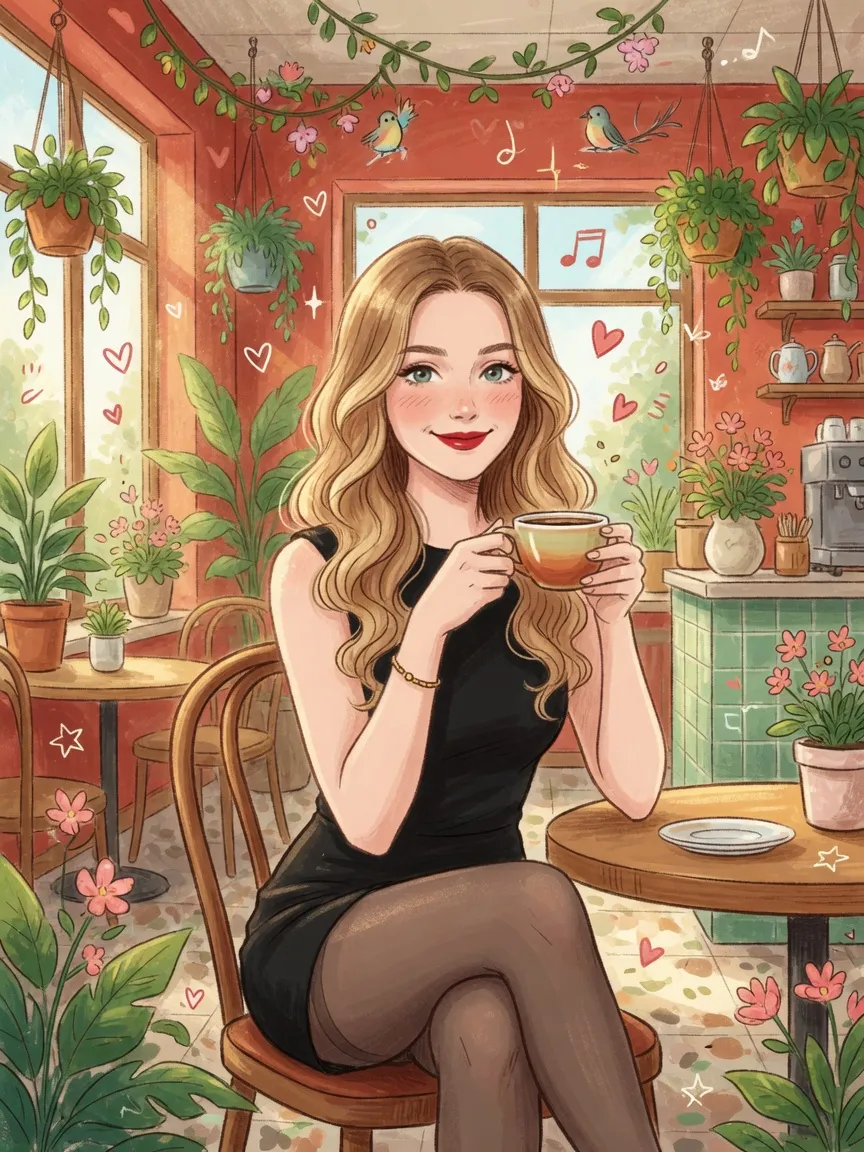 Cozy café storybook illustration — Portrait template