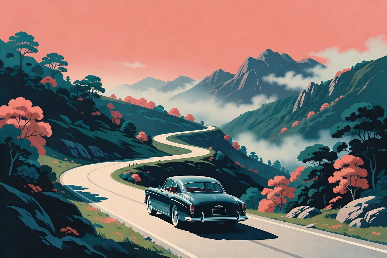 Vintage luxury car driving away on autumn mountain road with mist — vintage travel poster style Japanese illustration